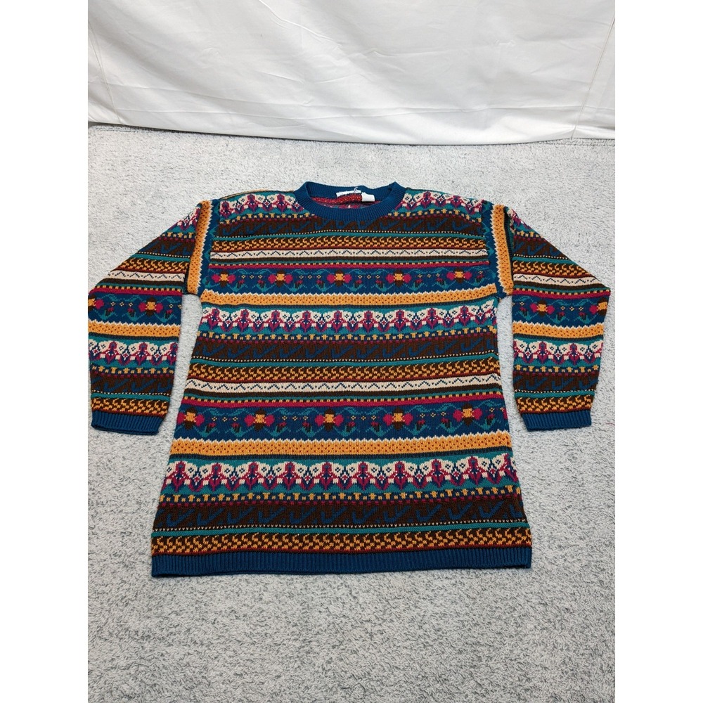 Vintage Cosby‎ Style Sweater Made in USA Retro Fair Isle Knit Metallic Medium